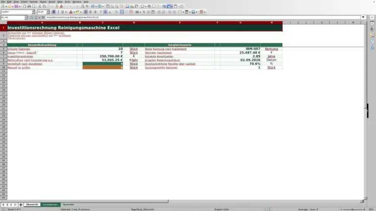 Vorschau: Investitionsrechnung für Reinigungsmaschinen in Excel