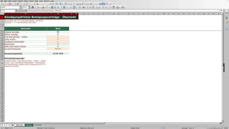 Vorschau: Excel für Kündigungsfristen von Reinigungsverträgen