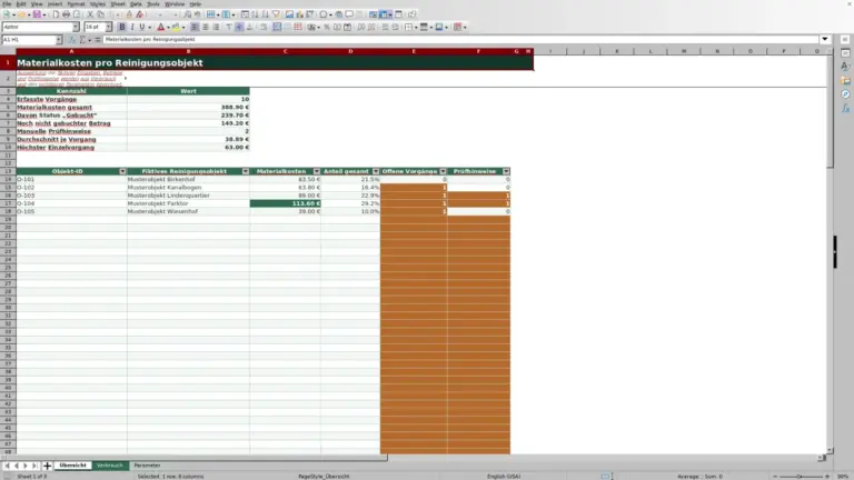 Vorschau: Materialkosten pro Reinigungsobjekt in Excel
