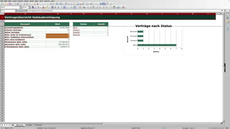 Vorschau: Vertragsübersicht Gebäudereinigung in Excel