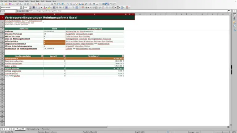 Vorschau: Vertragsverlängerungen für Reinigungsfirmen in Excel